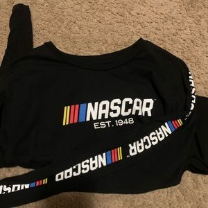 nascar cropped top with writing on sleeve